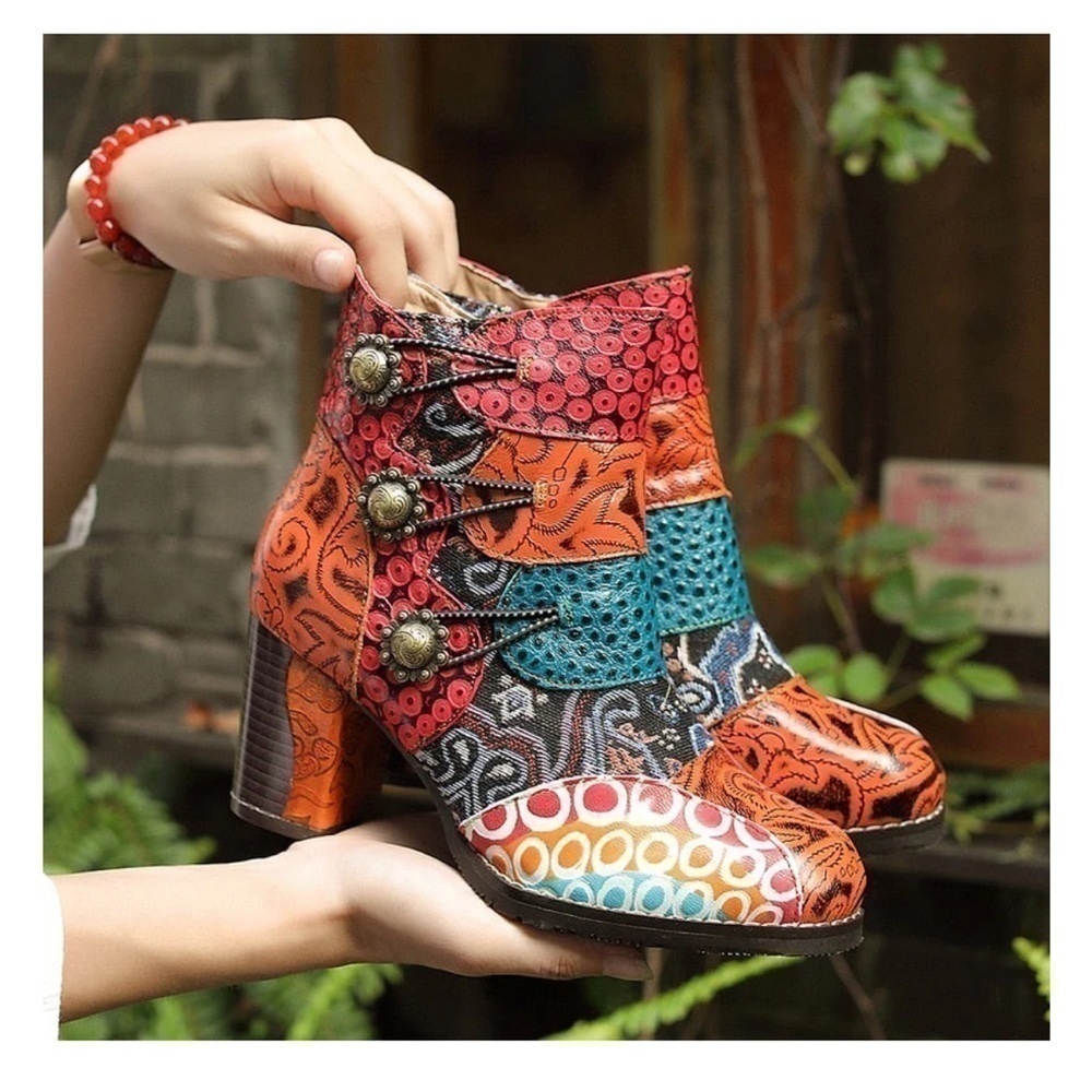 Johnature Leather Mixed Colors Boots Shoes Zip Round Toe Sewing High Heel Ankle - Picture 3 of 16